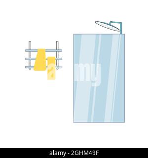 Flat cartoon bathroom shower cabin,rack with towels,home washroom furniture,interior elements vector illustration concept Stock Vector
