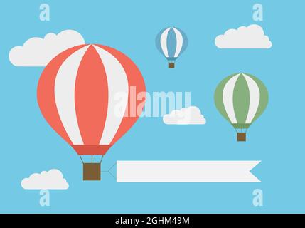 Flat design illustration of flying hot air balloon in the blue sky with white clouds and banner for adding your text - vector Stock Vector