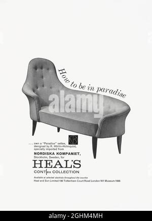 A striking 1960s advert for Heal’s store in Tottenham Court Road, London, England, UK. The advert appeared in a magazine published in the UK in October 1962. The full-page advert features a mid-century modern settee-chaise from a range called ‘Paradise’, designed by Kerstin Hörlin-Holmquist and marketed by Nordiska Kompaniet of Stockholm, Sweden. Kerstin Hörlin-Holmquist (1925-1997) was a Swedish architect and designer. Heal's (Heal and Son Ltd) is a British furniture and furniture retail company, known for promoting modern design – vintage 1960s graphics. Stock Photo