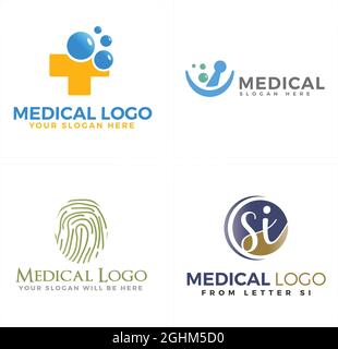 Medical cross bubble pestle and fingerprint logo design Stock Vector