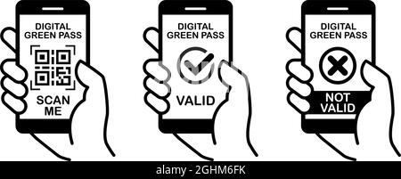 Digital Green pass icons Valid and Invalid . Access to free movement during the coronavirus pandemic. Line art vector on transparent background. Stock Vector