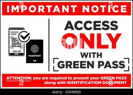 Important notice green pass required with id. Announcement before entering a public place during the coronavirus pandemic. Vector Stock Vector