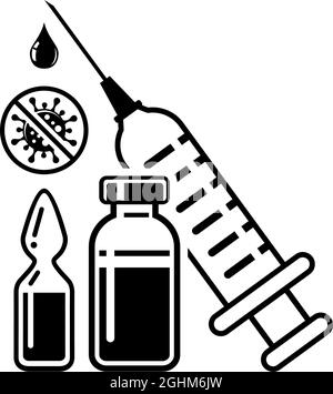 COVID-19 global vaccination concept. Medical syringe with needle, Vial and bottle with the drug, Stop coronavirus warning sign. Vector on transparent Stock Vector