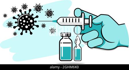 Hand of doctor in medical glove inject vaccine against coronavirus. Bottle and vial containing drug for COVID-19. Time to vaccinate poster or website Stock Vector