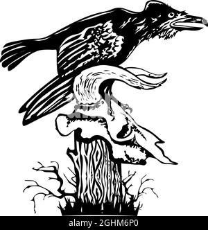 Angry black raven sits on the horned skull of bull. Horror design element for Halloween. Vector on transparent background Stock Vector