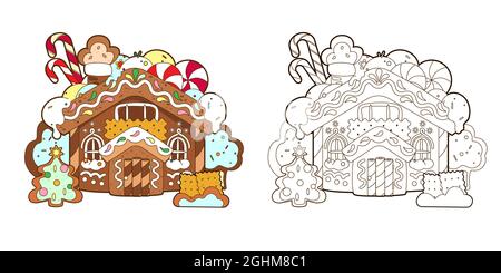 Coloring page with gingerbread house, Christmas candies and new year gingerbread tree, vector ,illustration in cartoon style, black and white line art Stock Vector