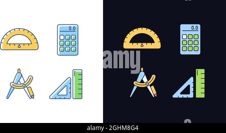 Architecture student tools light and dark theme RGB color icons set Stock Vector