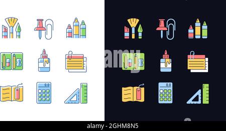 School essential equipment light and dark theme RGB color icons set Stock Vector
