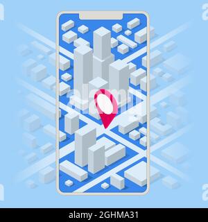 Isometric location track app on touchscreen smartphone. Street map with GPS Navigation. City navigation map with pin. Stock Vector