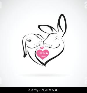 Vector of two rabbit head design and heart on white background. Wild Animals. Rabbit logo or icon. Happy in love. Expression of love. Easy editable la Stock Vector