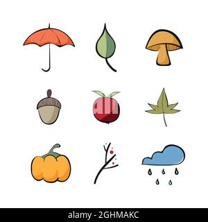 Autumn doodles filled icon set. Fall elements. Vector illustration, flat design Stock Vector