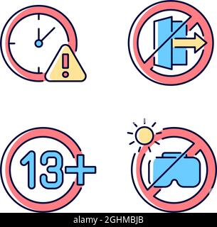 Vr headset usage prohibitions RGB color manual label icons set Stock Vector