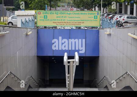 View of the entrance to the Rajiv Chowk Metro station at Connaught Place. Stock Photo