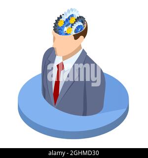 Isometric businessman thinking, head and brain gears in progress. Functioning of the human body and the brain, business idea, leadership and success Stock Vector