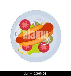 Hot dog with vegetables on a plate. Sausage with bun, tomatoes, cucumbers and onions. Food illustration on a white background. Vector Products Stock Vector