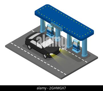 Isometric illustration. Passenger car refueling at gas station. Use of minerals as fuel. Cartoon 3d vector isolated on white background Stock Vector