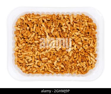 Vegan minced meat, in a clear plastic tray. Substitute and alternative for ground meat, based on seasoned pea protein. Stock Photo