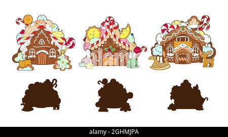 Christmas houses, game, find the correct shadow. Vector ,illustration, cartoon flat isolated on white background Stock Vector