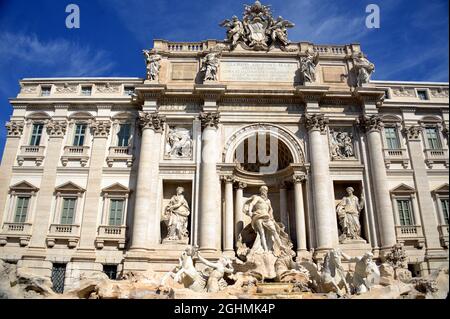 The Trevi Fountain represents Ocean on a chariot pulled by sea horses and tritons. ... The sculptor Nicola Salvi was chosen who began the work Stock Photo