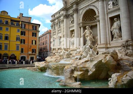 The Trevi Fountain represents Ocean on a chariot pulled by sea horses and tritons. ... The sculptor Nicola Salvi was chosen who began the work Stock Photo