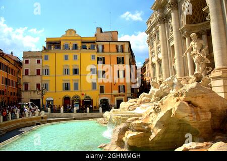 The Trevi Fountain represents Ocean on a chariot pulled by sea horses and tritons. ... The sculptor Nicola Salvi was chosen who began the work Stock Photo