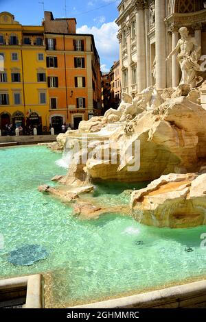 The Trevi Fountain represents Ocean on a chariot pulled by sea horses and tritons. ... The sculptor Nicola Salvi was chosen who began the work Stock Photo