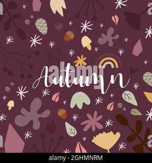 Autumn background. Hand drawn elements with autumnal colors on burgundy background. Fruits, seeds, flowers, leaves, mushrooms, pinecones, branch, rain Stock Vector