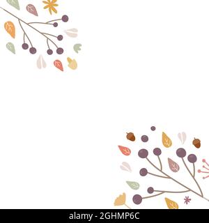 Autumn background. Hand drawn elements frame with autumnal colors on white background. Fruits, seeds, flowers, leaves, mushrooms, branch, acorns. Vect Stock Vector