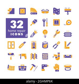 Set of building construction and home repair vector glyph icons. Graph symbol for your web site design, logo, app, UI Stock Vector