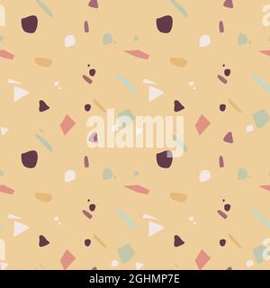 Seamless terrazzo pattern in autumnal colors on mustard background. Stone texture. Vector illustration, flat design Stock Vector
