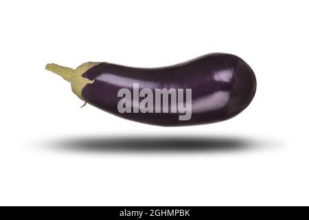 Single aubergine eggplant isolated on white background floating above a shadow. Purple vegetable heath food Stock Photo