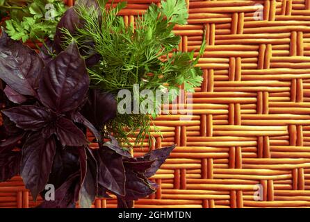 Basil, dill and parsley stand in an iron mug on a wooden table made of vines. Free space from the right. High quality photo Stock Photo