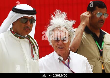 (L to R): Zayed Rashed Al Zayani (BRN) Chairman of Bharain International Circuit with Bernie Ecclestone (GBR) CEO Formula One Group (FOM). Motor Racing - Formula One World Championship - Bahrain Grand Prix - Race Day - Sakhir, Bahrain  Stock Photo