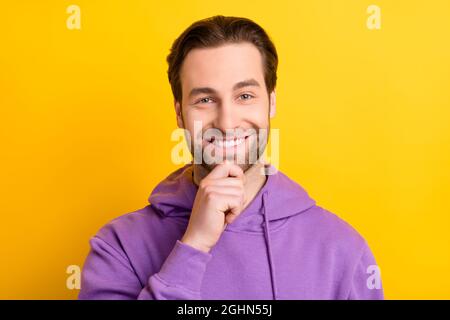 Photo of intelligent smart guy with beard dressed dotted shirt look at ...