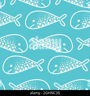 White fish whale on a blue background, seamless pattern for fabric cover, packaging design. Marine pattern simple childrens flat wrapping paper vector Stock Vector