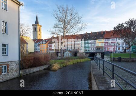 Merchants Bridge (Krämerbrücke) and Agidienkirche Church Tower - Erfurt, Thuringia, Germany Stock Photo