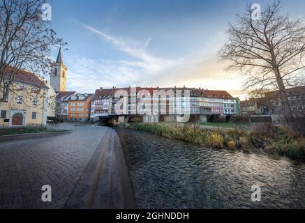 Panoramic view of Merchants Bridge (Krämerbrücke) and Agidienkirche Church Tower - Erfurt, Thuringia, Germany Stock Photo