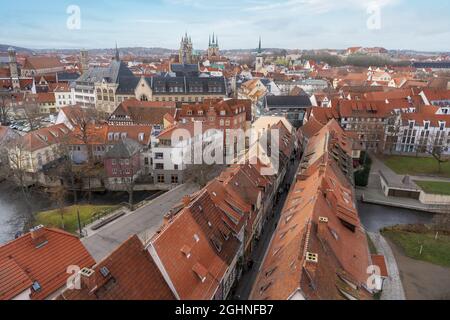 Aerial view of Erfurt City with Merchant’s Bridge (Krämerbrücke) - Erfurt, Thuringia, Germany Stock Photo