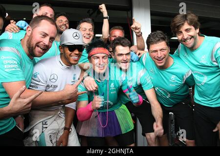 Race winner Lewis Hamilton (GBR) Mercedes AMG F1 celebrates with the team.  31.07.2016. Formula 1 World Championship, Rd 12, German Grand Prix, Hockenheim, Germany, Race Day.  Photo credit should read: XPB/Press Association Images. Stock Photo