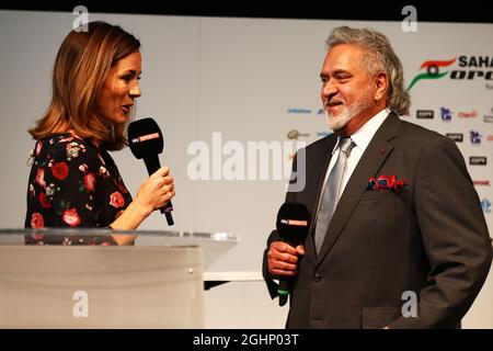 (L to R): Natalie Pinkham (GBR) Sky Sports Presenter with Dr. Vijay Mallya (IND) Sahara Force India F1 Team Owner.  22.02.2017. Sahara Force India F1 VJM10 Launch, Silverstone, England.  Photo credit should read: XPB/Press Association Images. Stock Photo