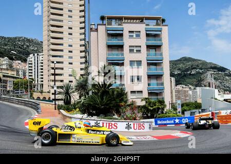 Alain Prost (FRA) Renault Sport F1 Team Special Advisor in the Renault RE40 leads Jean-Pierre Jabouille (FRA) in the Renault RS01.  26.05.2017. Formula 1 World Championship, Rd 6, Monaco Grand Prix, Monte Carlo, Monaco, Friday.  Photo credit should read: XPB/Press Association Images. Stock Photo