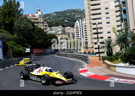 Alain Prost (FRA) Renault Sport F1 Team Special Advisor in the Renault RE40 leads Jean-Pierre Jabouille (FRA) in the Renault RS01.  26.05.2017. Formula 1 World Championship, Rd 6, Monaco Grand Prix, Monte Carlo, Monaco, Friday.  Photo credit should read: XPB/Press Association Images. Stock Photo