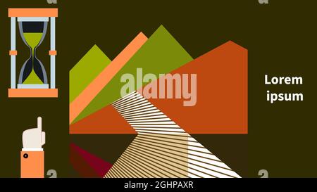 Hand points to hourglass. Abstract mountains and road. Linear geometric composition backdrop. Metaphor of choosing path to goal. Time transience theme Stock Vector