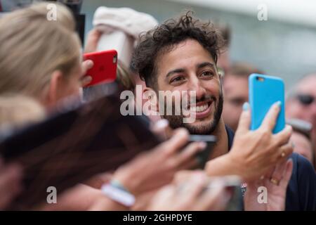 Daniel Ricciardo (AUS) Red Bull Racing with fans.  13.07.2017. Formula 1 World Championship, Rd 10, British Grand Prix, Silverstone, England, Preparation Day.  Photo credit should read: XPB/Press Association Images. Stock Photo