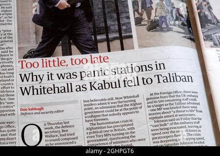 Guardian newspaper headline article 'Why it was panic stations in Whitehall as Kabul fell to Taliban' 21 August 2021 London England UK Stock Photo