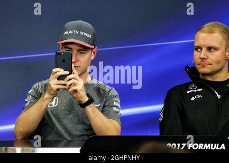 (L to R): Stoffel Vandoorne (BEL) McLaren and Valtteri Bottas (FIN) Mercedes AMG F1 in the FIA Press Conference.  05.10.2017. Formula 1 World Championship, Rd 16, Japanese Grand Prix, Suzuka, Japan, Preparation Day.  Photo credit should read: XPB/Press Association Images. Stock Photo