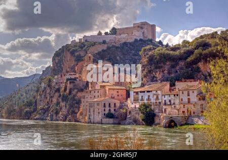 The Tarragona region of Spain: the village and castle of Miravet overlooking the River Ebre. Stock Photo
