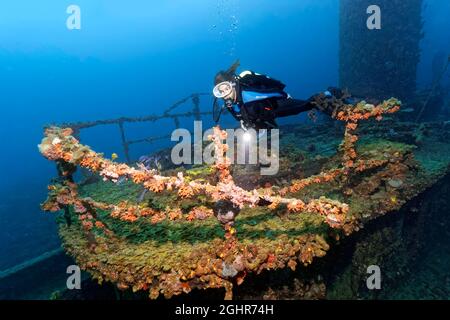 Diver at railing over bridge, tugboat, wreck, shipwreck, Virgen de Altagracia, Caribbean Sea near Playa St. Lucia, Camagueey Province, Caribbean, Cuba Stock Photo