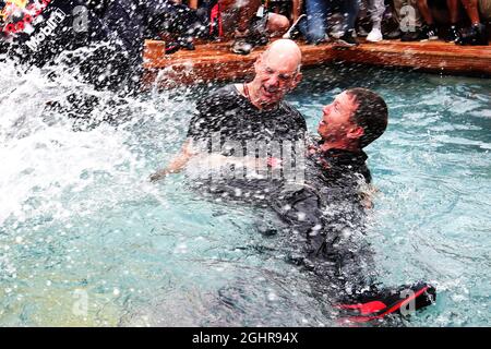 Christian Horner (GBR) Red Bull Racing Team Principal and Adrian Newey (GBR) Red Bull Racing Chief Technical Officer celebrate on the Red Bull Energy Station.  27.05.2018. Formula 1 World Championship, Rd 6, Monaco Grand Prix, Monte Carlo, Monaco, Race Day.  Photo credit should read: XPB/Press Association Images. Stock Photo