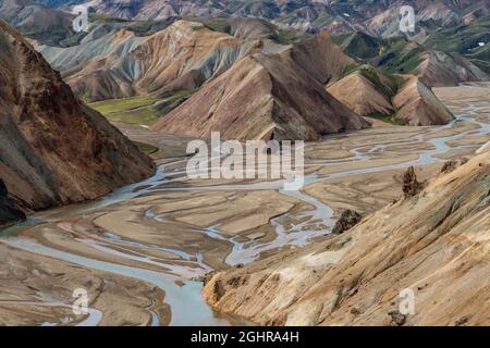 Colored rhyolite mountains, river Joekulgilskvisl, Joekulgil Landmannalaugar, Fjallabak, Icelandic highlands, Iceland Stock Photo